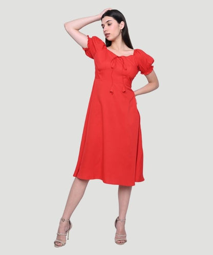 Indusvale Women's Red Solid Regular Fit A-line Midi Dress