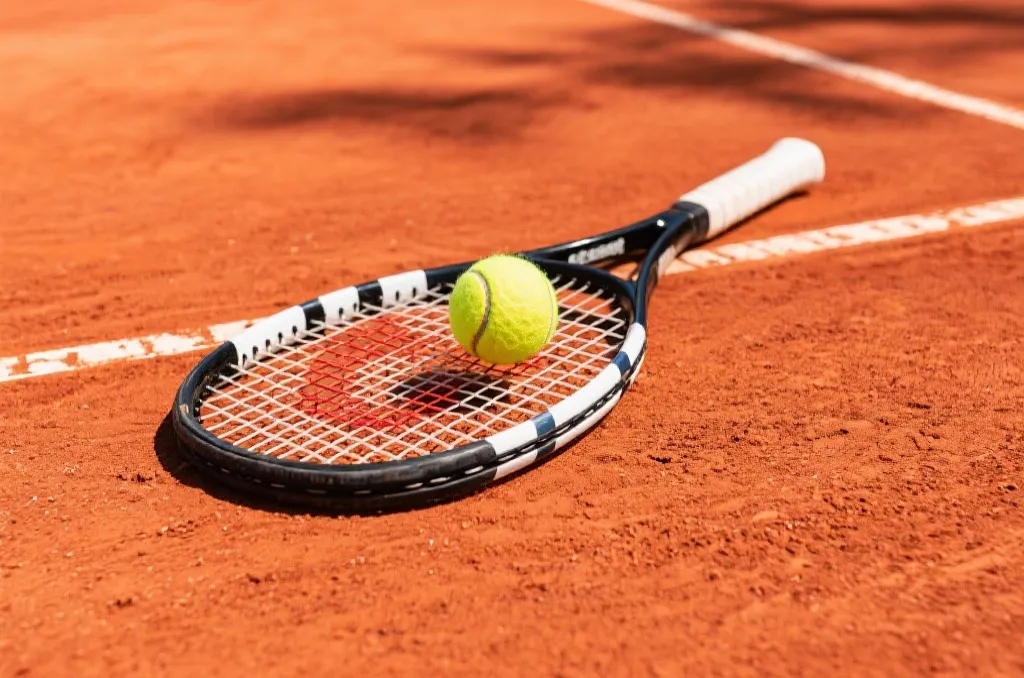 A high-angle shot of a tennis racket and a yellow tennis ball lying on a vibrant red clay court under natural sunlight